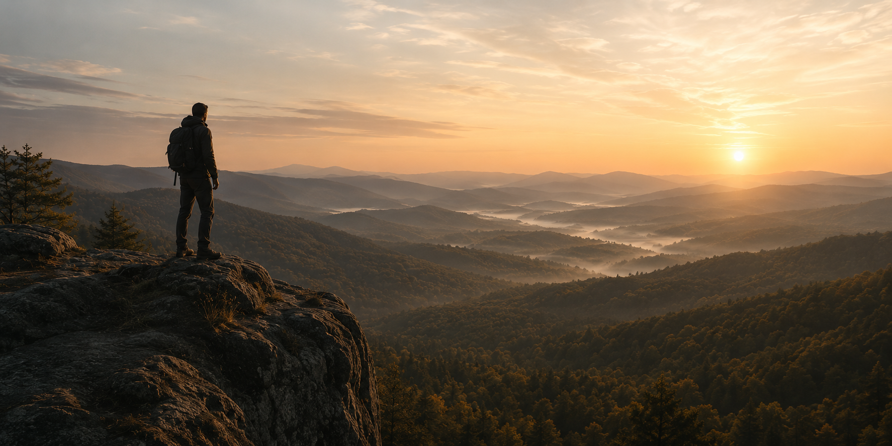 A lone figure standing on a rocky overlook above a mist-filled mountain valley at sunrise.